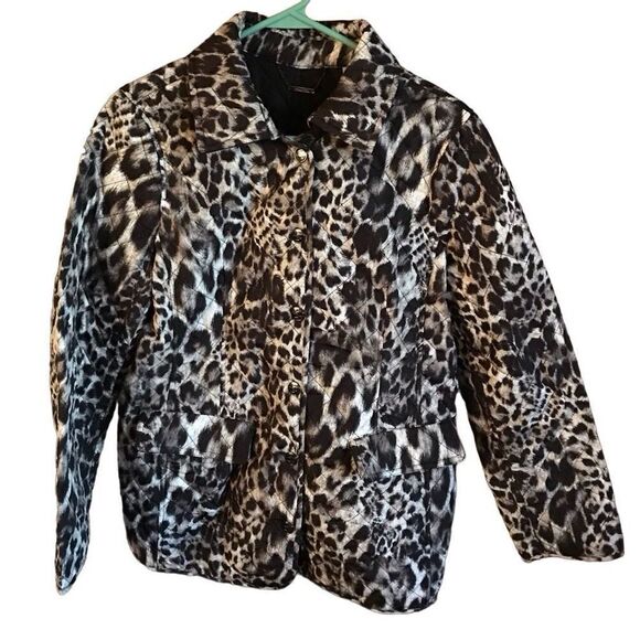 Chicos Womens Size 1 = Medium Quilted Jacket coat black leopard print snap front - Picture 1 of 7